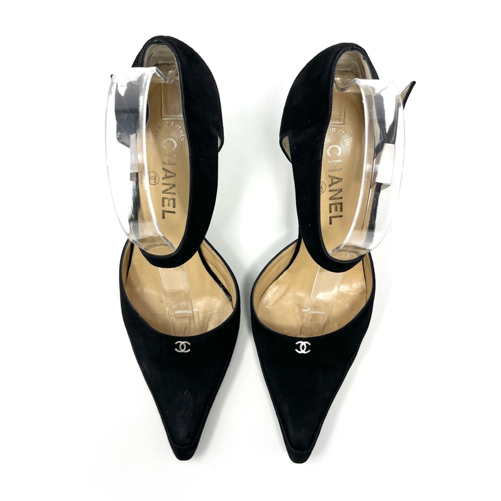 Vintage Chanel Black Suede Silver CC Logo High Heels Pumps Shoes 38.5 8.5 - Picture 4 of 13